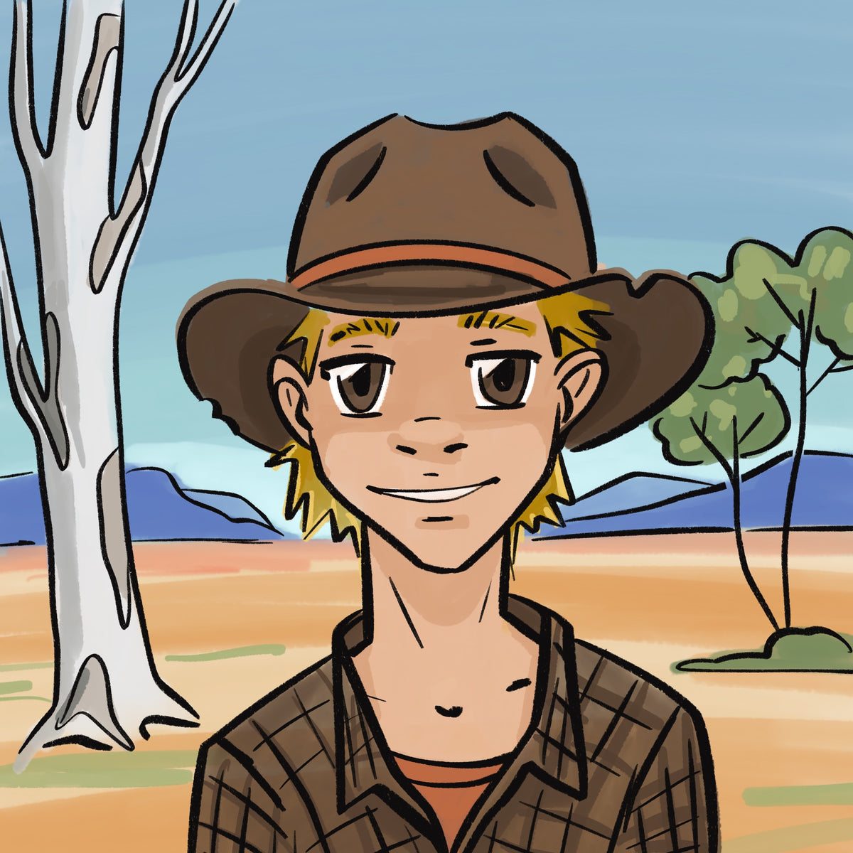 Angus Brownbee, a smiling blond boy wearing a brown wide-brimmed hat and a checked shirt, with trees and mountains behind him.