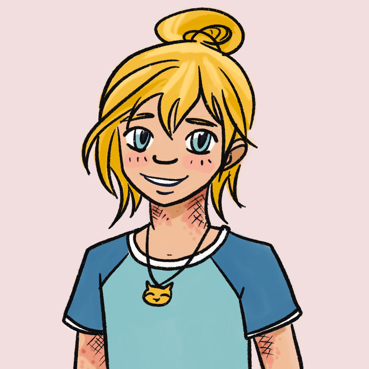 Annie Bilbert, a smiling girl with blond hair in a topknot, wearing a blue shirt and a cat pendant.