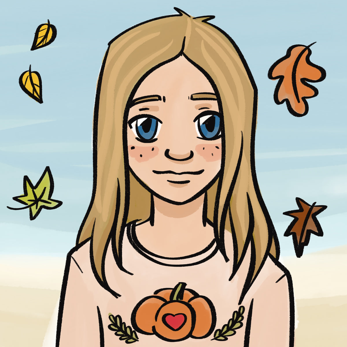 Katrina Olstem, a smiling girl with long blond hair and freckles, wearing a pumpkin shirt, surrounded by autumn leaves.
