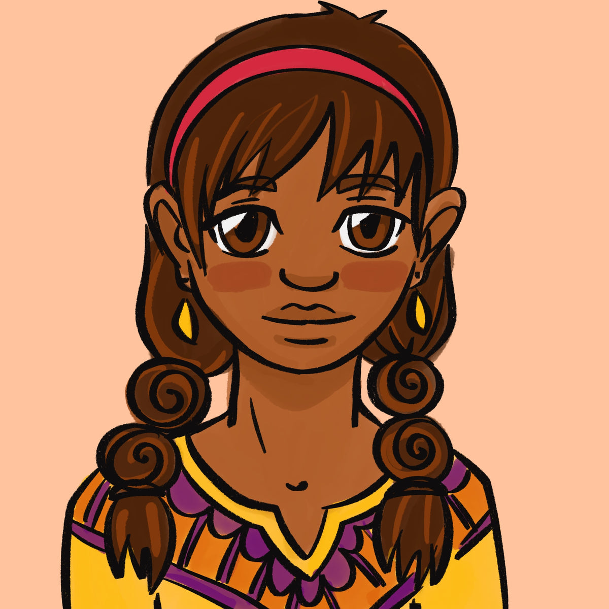 Laylia Attia, a girl with long brown hair in pigtails, wearing a red headband, yellow earrings, and a patterned top.