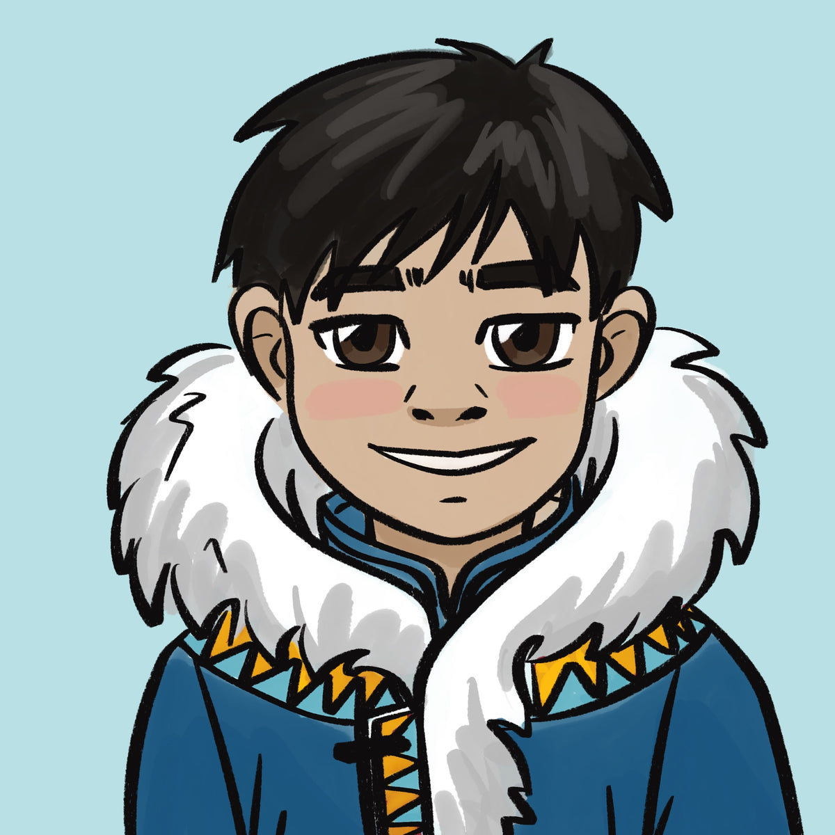 Lucas Okpik, a smiling boy with short black hair, wearing a blue coat with a white fur-trimmed hood.