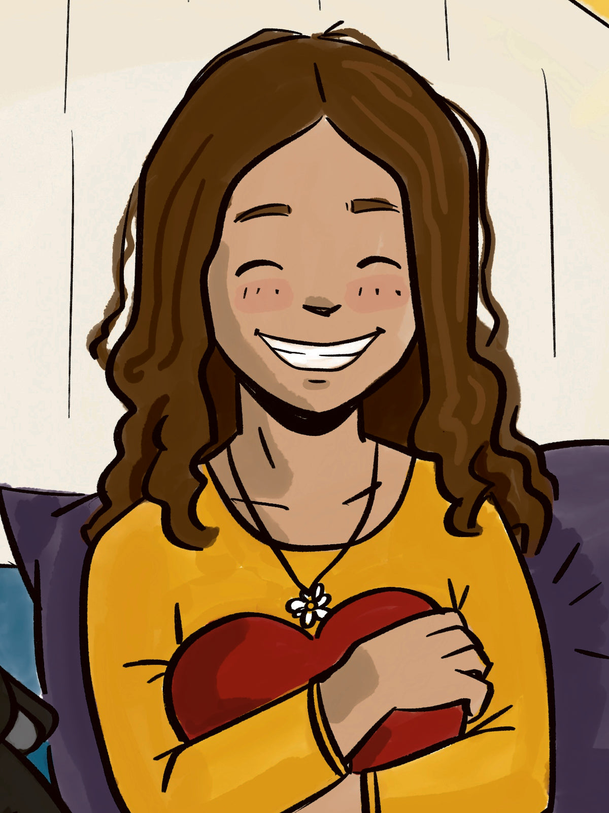 Maddie Skryber, a smiling girl with long wavy brown hair, wearing a yellow shirt and holding a red heart pillow.