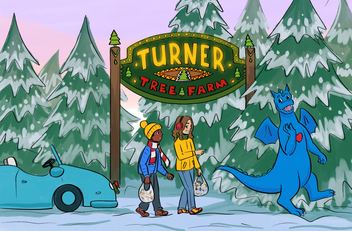 A stylized winter scene with Reggie and Maddie walking under a large sign that reads 'TURNER TREE FARM,' surrounded by snow-covered pine trees. Zobie, a blue dragon, stands on the right, gesturing for them to follow him.