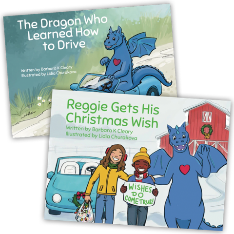 The Dragon Who Learned How to Drive and Reggie Gets His Christmas Wish paperback covers, included in the Zobie’s Kids launch bundle.