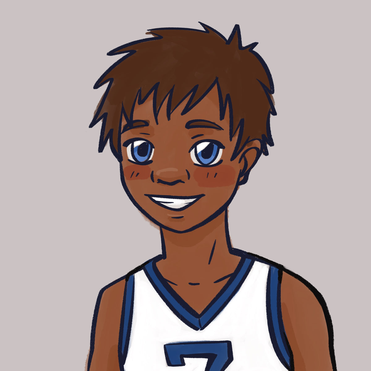 Ziggy Sawstar, a smiling boy with tousled brown hair, wearing a white basketball jersey with dark blue trim.