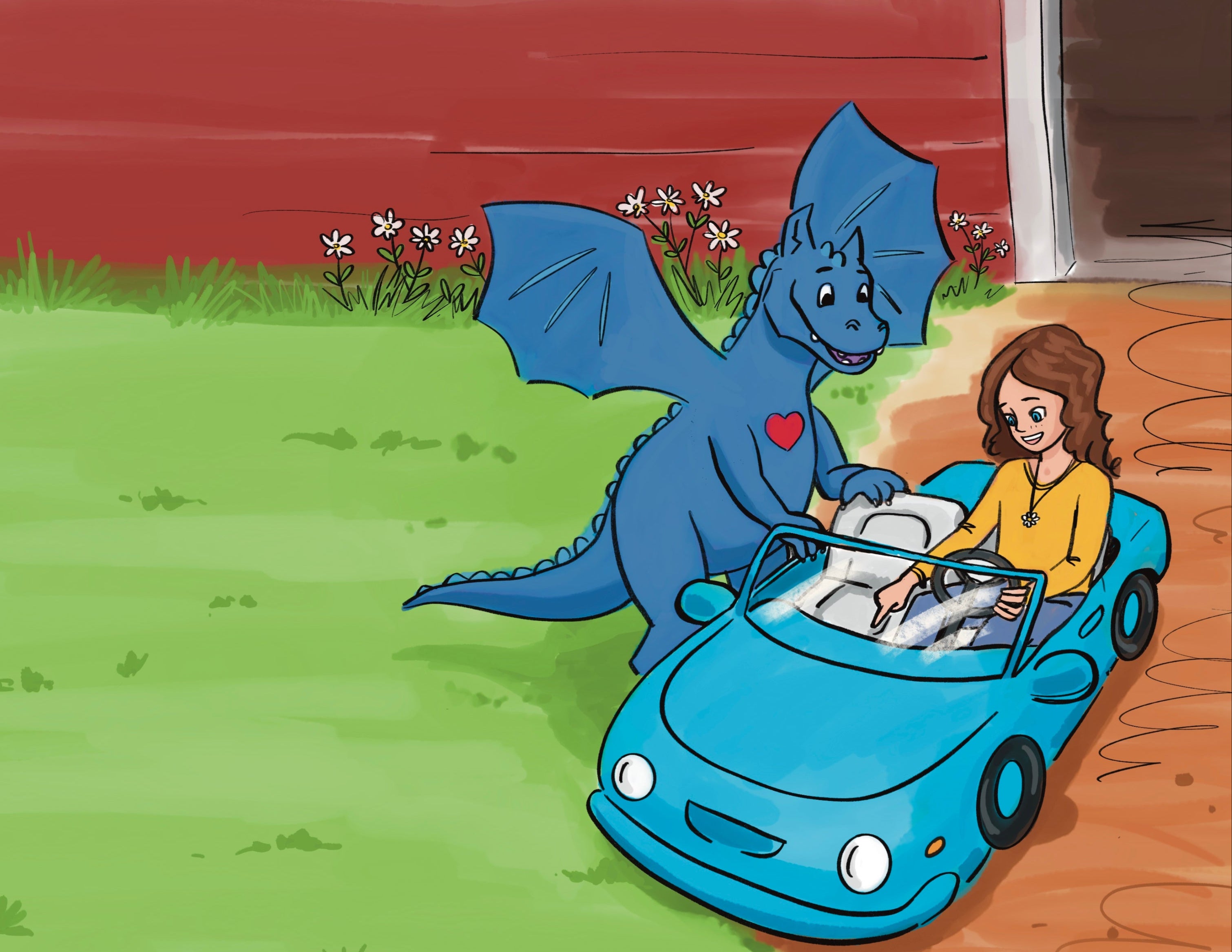 Cartoon dragon getting into a blue car with a girl inside, near a red barn.